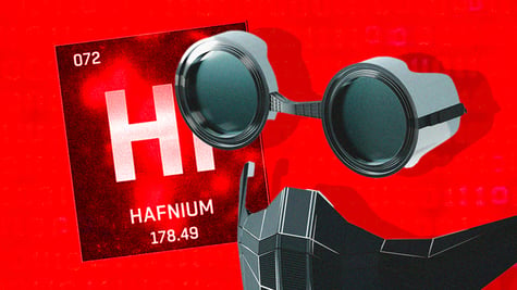 hafnium, black and grey goggles, red background