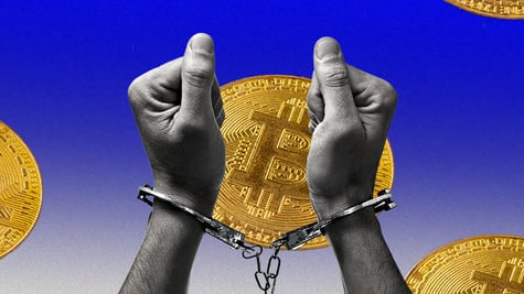 black and white hands cuffed, 4 golden bitcoin the the blue background