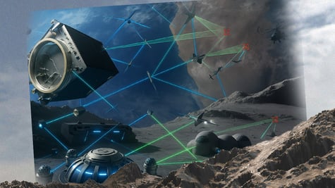 UFOs and weapons in a sci-fi epic illustration.