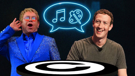 mark zuckerberg, elton john, blue sparkly coat, grey t-shirt, copyright table, music note