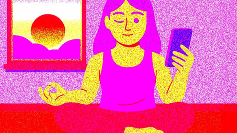 A Gen Z member meditating as the sun rises in the window.