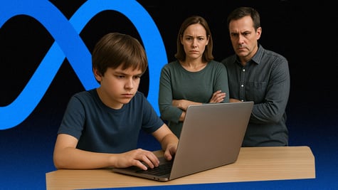 A child using a computer; cross parents looking; social media; Meta