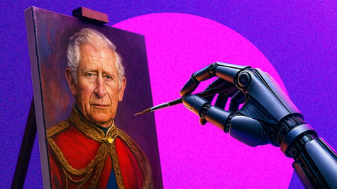 A robotic arm painting a portrait of King Charles.