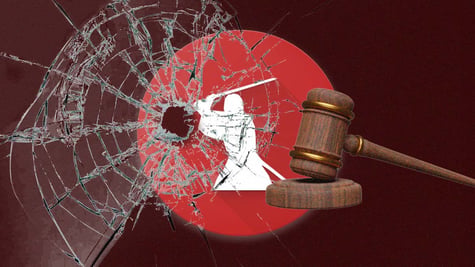 white samourai on his knees with a sword, a broken glass, brown court gavel