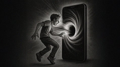 A user is sucked in into a smartphone pictured as a black hole