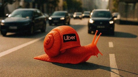 orange snail with black uber logo in the middle of the road with six black cars