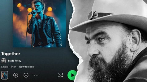 A graphic of Blaze Foley in an AI version of him and an original black and white on the right.