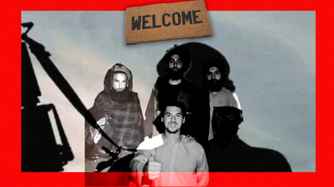 Taliban members in a black and white photo with an influencer as hostage.