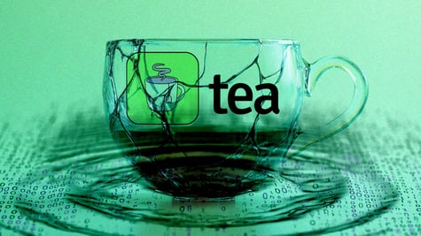 transparent green broken tea cup with tea logo spilling numbers