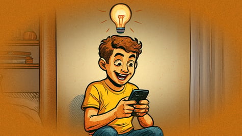 Animated teenager smiling at a mobile phone; good idea
