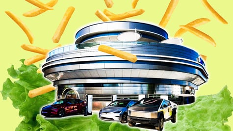A futuristic Tesla diner surrounded by Tesla cars amid a backdrop of lettuce and french fries.