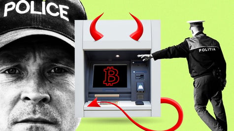 police officer's face in  black and white, ATM machine,