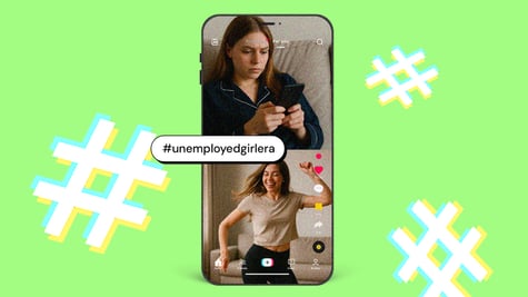 A phone showing a Gen Z influencer on a split-screen, searching for jobs and then dancing.