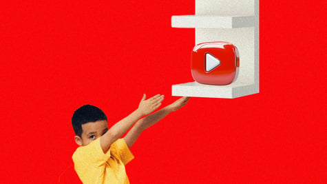 youtube logo on white shelf, black kid, black hair, yellow shirt, hands up