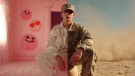 A split-screen of an influencer and army soldier.