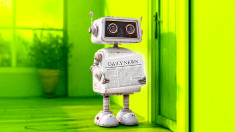 A cute AI bot fetching the morning newspaper.