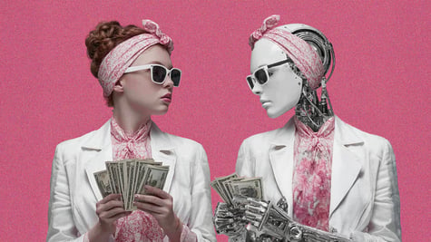 pink background, woman in white jacket, ginger hair, a bot with the same outfit