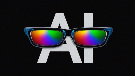 white AI letters, rainbow mirror glasses in front, black frame