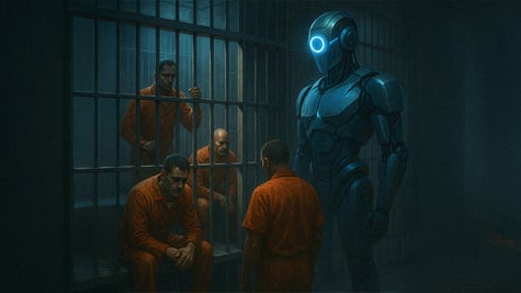 found inmates in a cell in orange jumpsuit, a dark grey robot