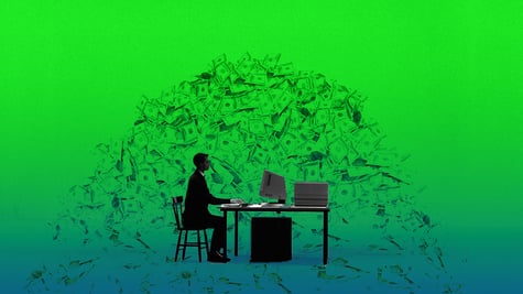 Man sitting at the computer with money pouring in the backround; AI talent race