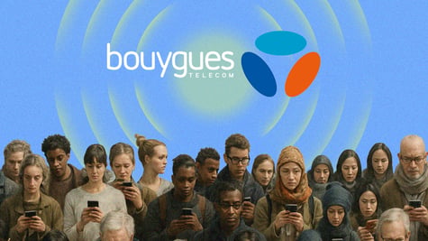 bouygues logo, sunshine yellow rays, people holding phones, baby blue sky
