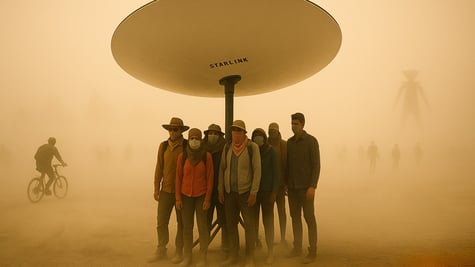 Festival goers standing underneath a starlink satellite, as protection from a dust storm.