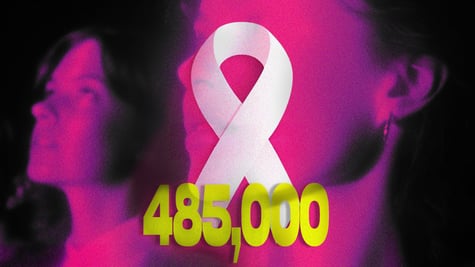 cancer white bow, two women's faces in pink light, yellow sign 458.000