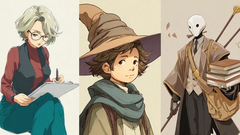 Anime style of various chatbots including a workaholic girlfriend, young wizard and librarian.