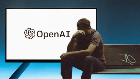 openAI logo, sad man, mental distress, brown bench, white screen
