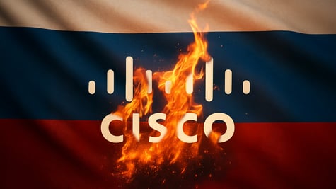 cisco logo burning fire russia flag