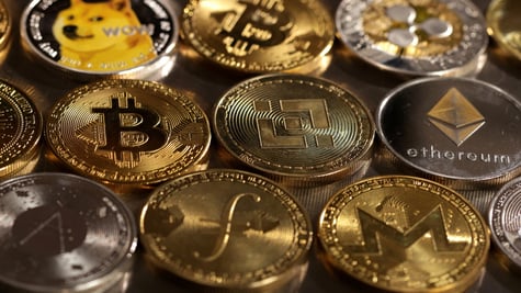 various cryptocurrency coins up close