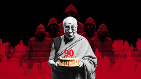 old bold man in black and white, birthday cake, 90 red candles, five hooded man behind