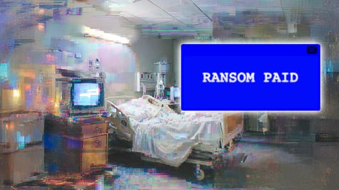 hospital bed painting, blue square, white sign ransom paid