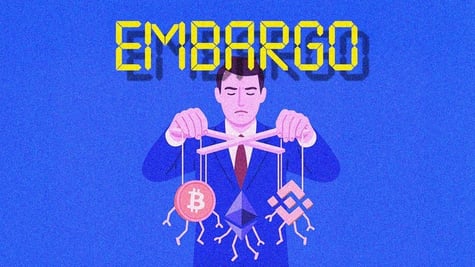 yellow embargo sig, man in blue suit, holding bitcoin on string, red tie