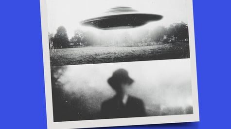 A split screen polaroid showing a flying saucer and a blurred schoolchild wearing a hat.