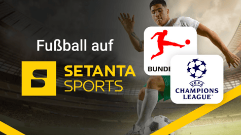 Logo von Setanta Sports, Bundesliga und Champions League mit Fußballspieler im Hintergrund