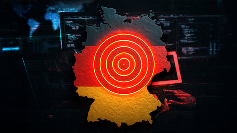 map of germany, black, red and yellow flag, red target, blue computer screen