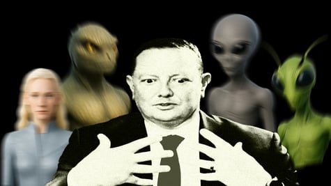 Congressman Eric Burlison in black and white, surrounded by four species of aliens.