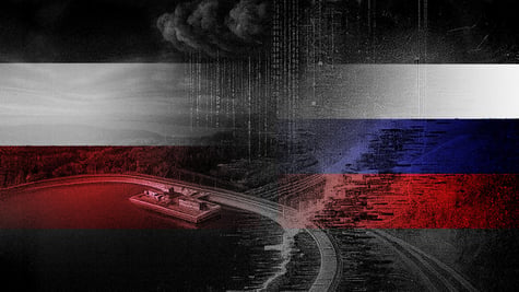 hydropowerplant, russian nad polish flags, white numbers, smoky background, black clounds