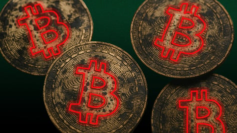 four bitcoins inked and dirty, red outlines, green background