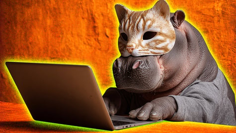 grey hippo, grey laptop, prange textured wall, ginger and white cat face mask