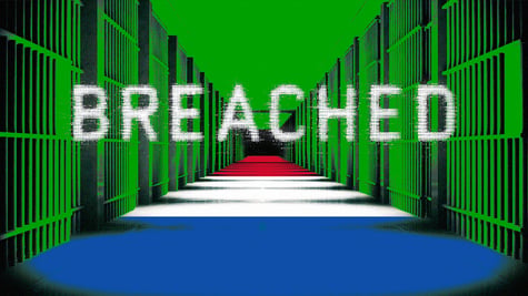 green jail bars, green ceiling, dutch flag as the floor, white sign BREACHED