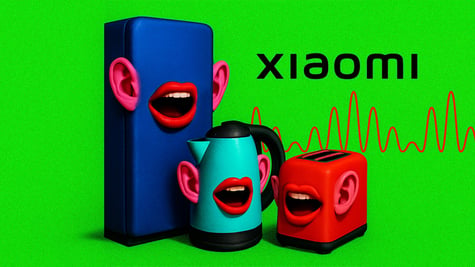 dark blue fridge, baby blue kettle, red toaster - all with ears and lips, voice wave, xiaomi