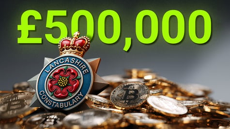 lancashire police batge, red flowe and crown, golden bitcoin, 500,000 punds