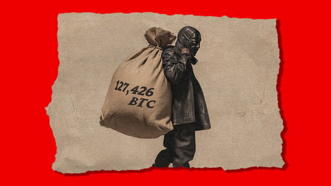 man n leather black mask carries a brown sack, black throusers, red background