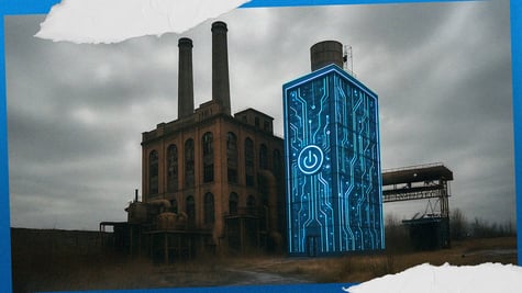 brown power plant, two chimney, grey sky, blue and white chip-like data centre with on button