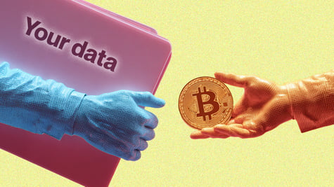 hands giving away bitcoin folder with personal data crypto data theft