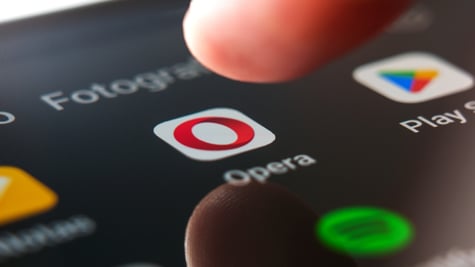opera browser, o letter in red, finger tip, black screen