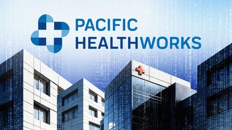 white tiled hospital buildings, red cross, blue sky, raining white numbers, pacific health works