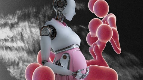 A pregnant robot with a black and white xray background.